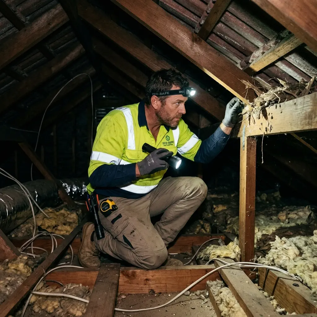 Technician inspecting a roof cavity for a dead animal in Regent