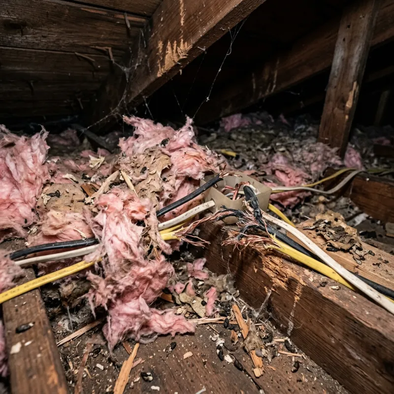 Contaminated ceiling insulation being assessed in a Regent roof space